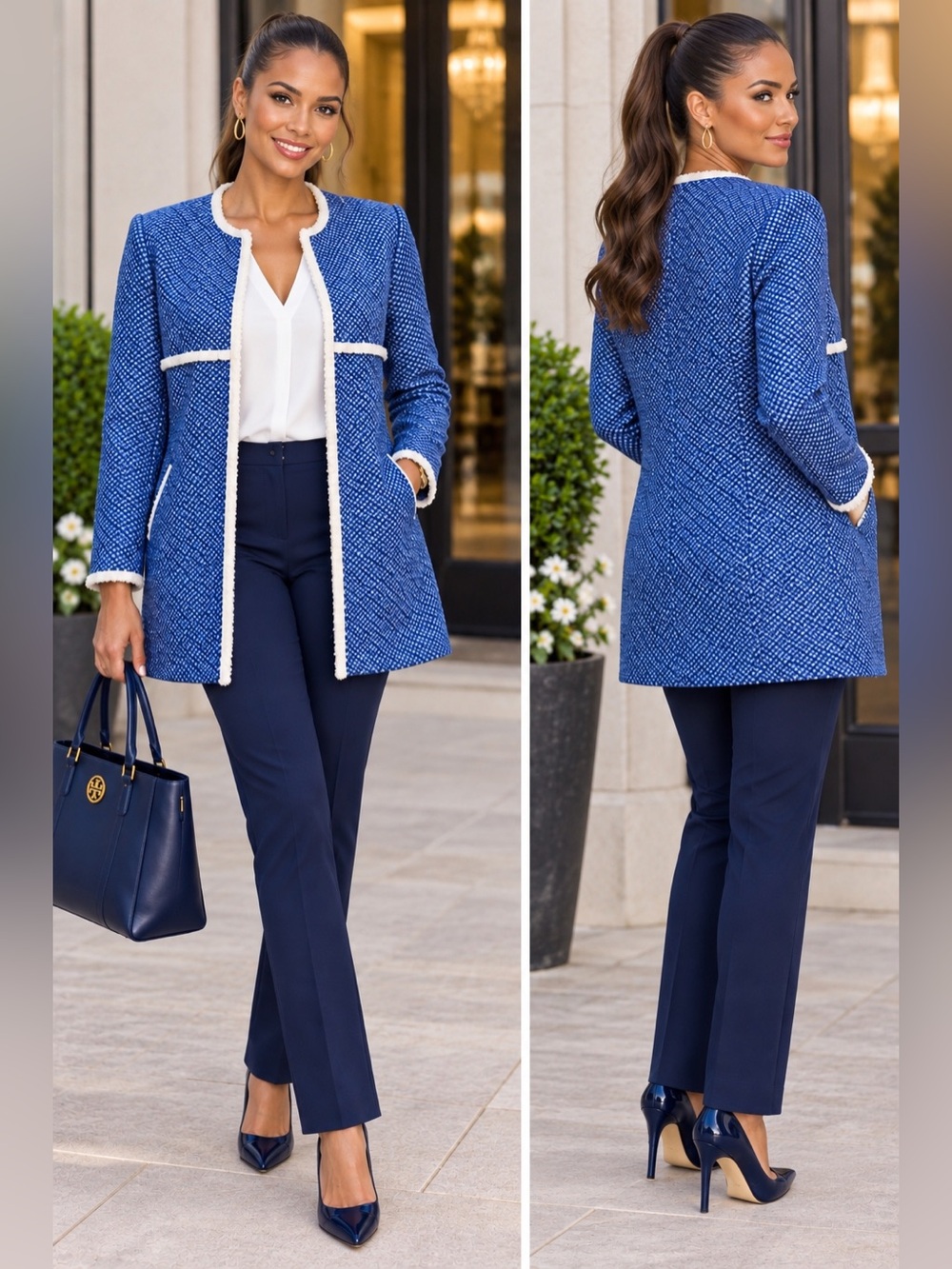J. McLaughlin Blue Fringed Tweed Coat Jacket with White Trim S💙💙💙💙💙